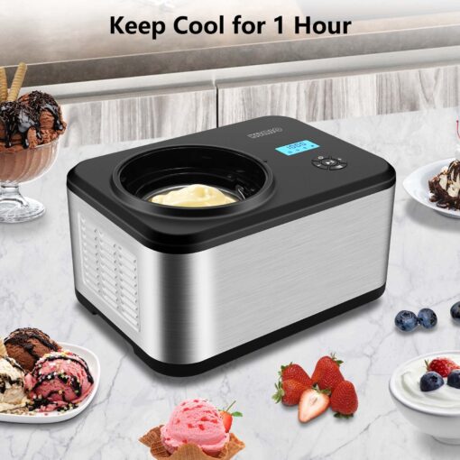 KUMIO 1.6-Quart Ice Cream Maker with Compressor, No Pre-Freezing, 4 Modes Ice Cream Maker Machine with LCD Display, Timer, Automatic Gelato & Yogurt Machine, Stainless Steel - Image 4
