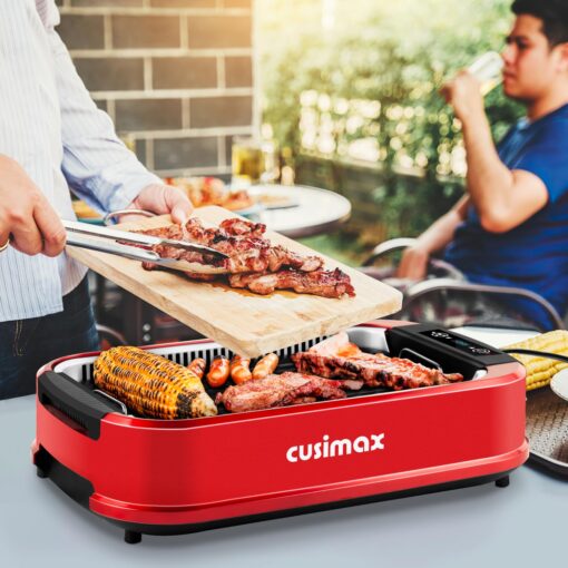 CUSIMAX Smokeless Indoor Grill, Electric Grill Griddle, 1500W Korean BBQ Grill with LED Smart Display & Tempered Glass Lid, Non-stick Removable Grill Plate & Griddle Plate, Red - Image 2