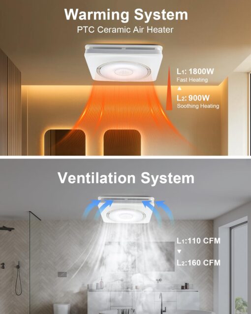 GROWNEER Bathroom Exhaust Fan with Light and Heater, 40W Bathroom Fan with Humidity Sensor, 110/160 CFM 1.0 Sone Exhaust Fan with Light, 1500lm LED Light 2700K/4000K/5000K & Nightlight, Remote - Image 7