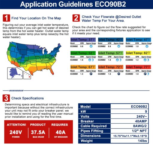 Tankless Electric,ECOTOUCH 9KW 240V On Demand, Self-Modulating Instant Hot Water Heater ECO90 Black - Image 2