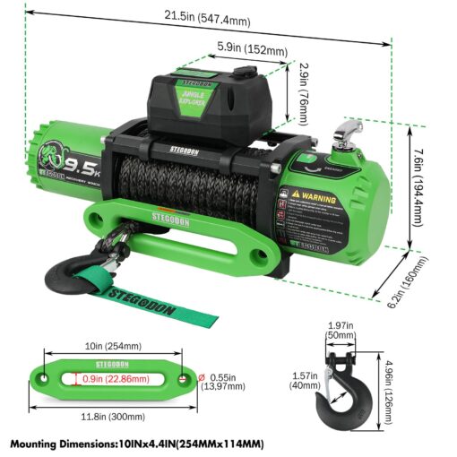 STEGODON Winch 9500lb Electric Winch 12V Winch with Synthetic Rope Car Trailer Winch with Green Hawse Fairlead Wireless Remote and Wired Handle for Truck SUV Jeep - Image 7