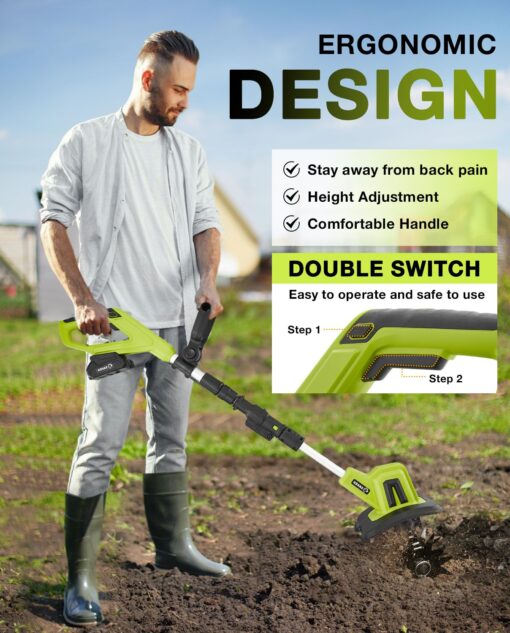 Saker Weed Puller Tool Stand Up Garden Tool with Long Handle & Stainless Steel Claws + 22V Cordless Electric Garden Tiller, 9-Inch Tilling Width, 6.3-Inch Depth, 2 Batteries & Charger Included - Image 5