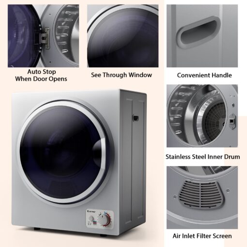 COSTWAY GT-10222US-SL-FPCY, 110V Electric Portable Clothes Stainless Steel Tub, Panel Downside Easy Control for 4 Automatic Drying Mode Compact Laundry Dryer, Silver - Image 5