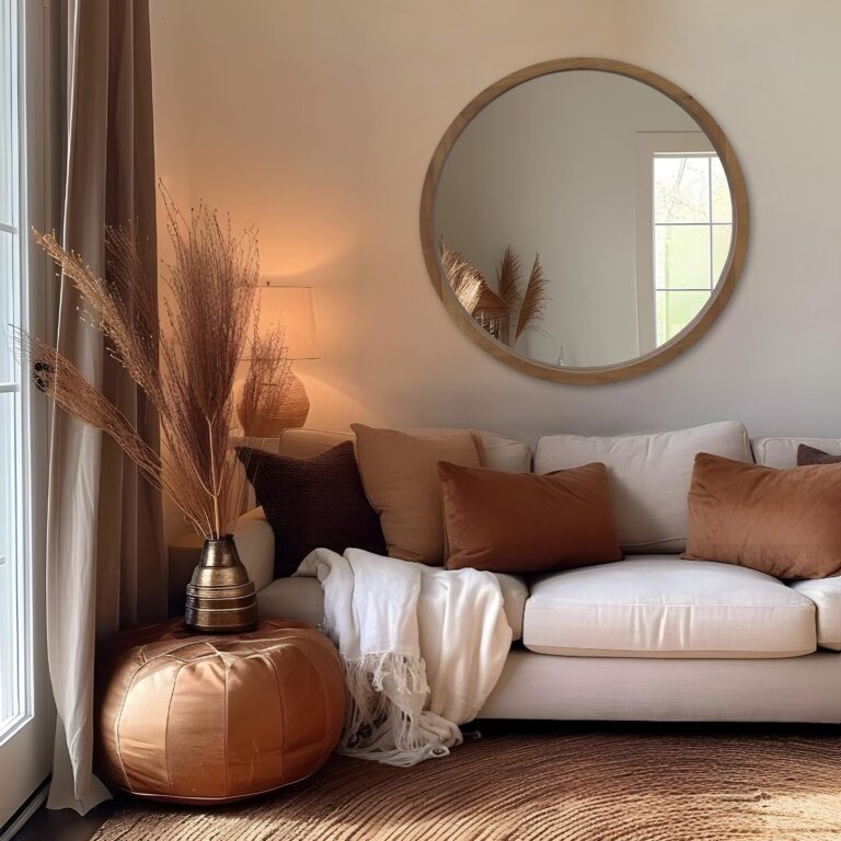 GIFTTROVE 36" Bathroom Mirror, Round Wall Mirror with Wood Frame, Farmhouse Mirror for Wall Decor, Wall-Mounted Mirror for Bedroom, Living Room, Brown - Image 4
