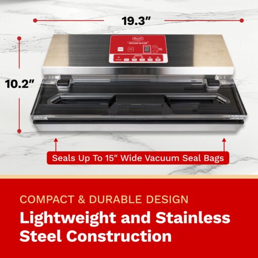 The Harvest Company Commercial Grade Vacuum Food Sealer, Powerful 550 Watt Suction, Seals Up to 15" Wide Bags with a 5mm Heat Bar, Stainless Steel, Digital Display - Image 3