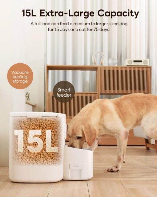 Automatic Dog Feeder for Large Breed, 15L/ 63Cups Vacuum-Sealed Storage & Timed Auto Dog Food Dispenser 2in1, Airtight 100% Freshness, Anti-Blockage, Support up to 22mm Pet Food, Stainless Steel Bowl - Image 9