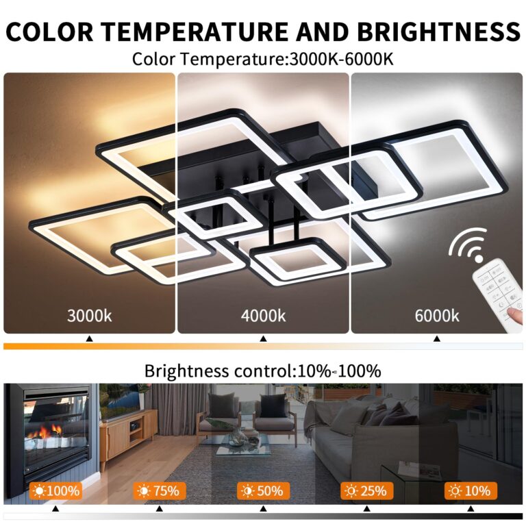Shine LUEST Modern LED Ceiling Light, Dimmable LED Chandelier Black Flush Mount Ceiling Lights, Remote Control Acrylic Ring Ceiling Lamp Fixture for Living Room Dining Room Bedroom, 8H-FANG-BL-04 - Image 6