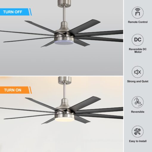 Breezary 65" Large Ceiling Fans with Lights and Remote, 8-Blade, Reversible DC Motor, 6-Speed, Timer, Industrial Ceiling Fans with Led Light Chandelier for Bedroom Office (Satin Nickel & Black) - Image 6