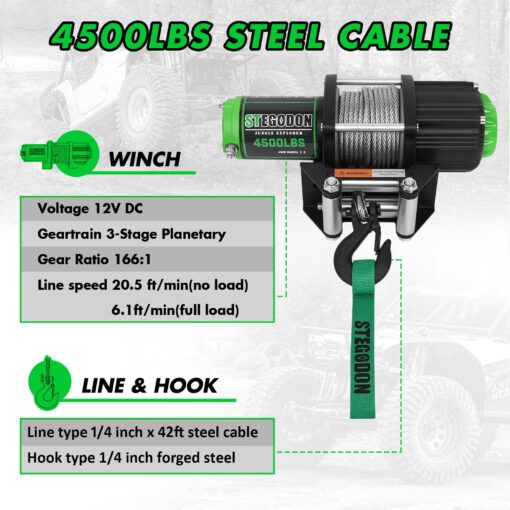 STEGODON 4500 lb Winch 12V Waterproof Electric Winch,ATV/UTV Winch with Steel Cable Winch with Wireless Remote and Roller Fairlead - Image 5