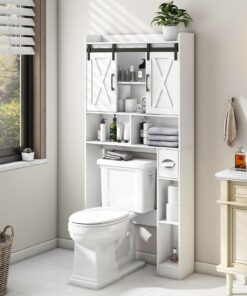 Over The Toilet Storage Cabinet, Farmhouse Storage Cabinet Over Toilet with Sliding Doors，Home Space-Saving Toilet Rack, for Bathroom, Restroom, Laundry