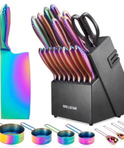 Rainbow Knife Block Set 27-Piece, Iridescent German Stainless Steel Kitchen Knives Set with Wooden Holder, Colorful Titanium Coating, Include Scissors and 2-Stage Built-in Sharpener and 8pcs Gadgets