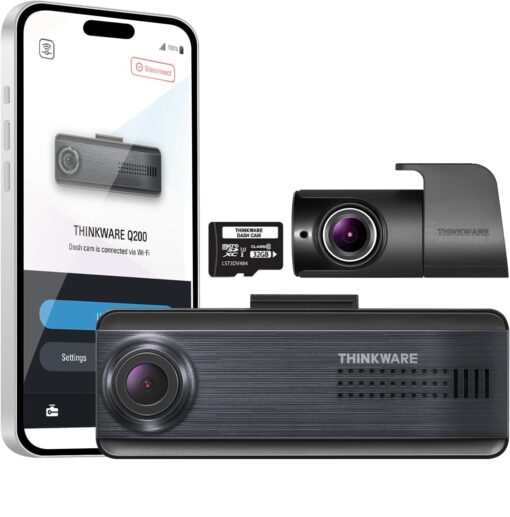THINKWARE Q200 2CH Dash Cam 2K Front 1080P Rear Car Dashboard Camera, WiFi, WDR, Speed Red Light Alerts, ADAS, 256GB Max, Parking Monitor, Night Vision (32GB MicroSD, 12V Cigar, Hardwiring Cable, GPS)