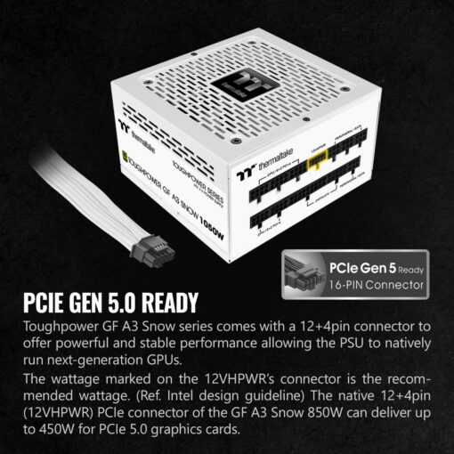 Thermaltake Toughpower GF A3 Snow Edition 1050W 80+ Gold Full Modular SLI/Crossfire Ready ATX 3.0 Power Supply; PCIe Gen.5 600W 12VHPWR Connector Included; PS-TPD-1050FNFAGU-N; 10 Year Warranty - Image 2