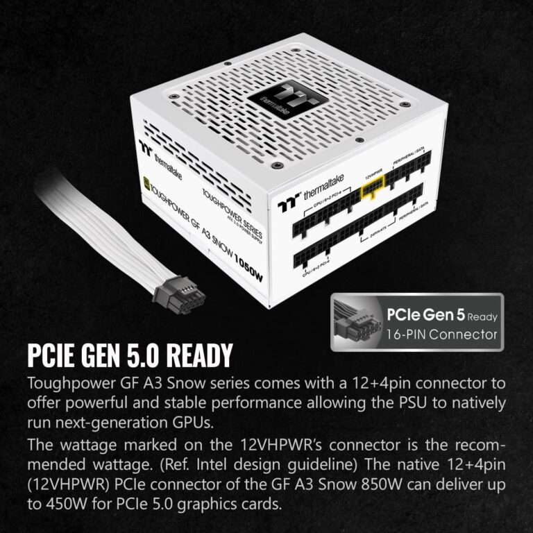 Thermaltake Toughpower GF A3 Snow Edition 1050W 80+ Gold Full Modular SLI/Crossfire Ready ATX 3.0 Power Supply; PCIe Gen.5 600W 12VHPWR Connector Included; PS-TPD-1050FNFAGU-N; 10 Year Warranty - Image 2