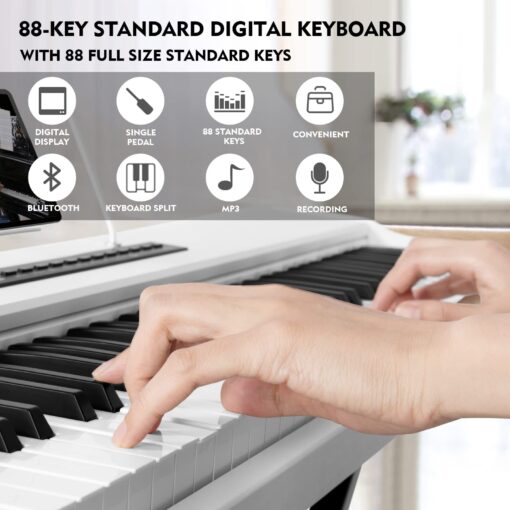 MUSTAR Digital Piano 88 Key Weighted with Stand, 88 Key Semi Weighted Keyboard Piano MEP-1000, Portable Electric Piano Keyboard 88 Keys with Bluetooth Connection, Case, Sustain Pedal, MDF, White - Image 7