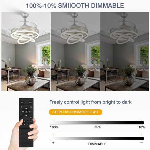 TXCSLY 42 Inch Retractable Ceiling Fan, Chandelier Ceiling Fan with Light DC Motor, 3 Color Tempearture, 6 Wind Speed for Bedroom, Living Room and Dining Room, Silver - Image 8