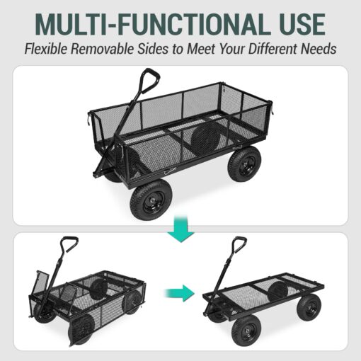 Taifa Heavy Duty 1100 Lbs Capacity Steel Garden Cart with 11.5 inch Tire, Removable Side Panels Turn Into Flatbed, Utility Cart for Yard Lawn and Farm, Metal Wagon with 180° Rotating Handle, Black - Image 4
