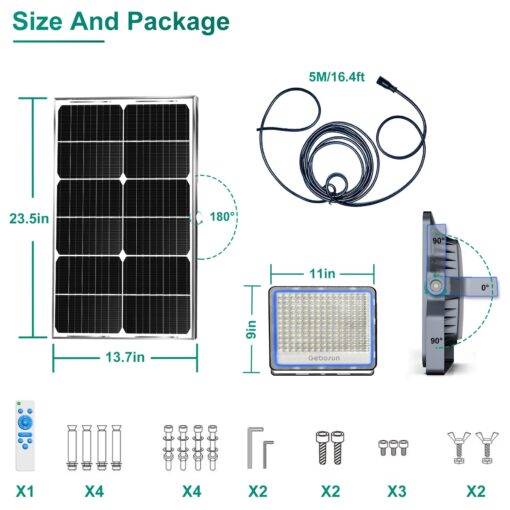Gebosun 2-Pack 300W LED Solar Flood Light, Remote Controlled, Dusk to Dawn, 30,000Lumen, 6000K, IP67 Waterproof, Wall-Mounted & Pole-Mounted, Perfect for Barn, Warehouse, Backyard and Garden - Image 4