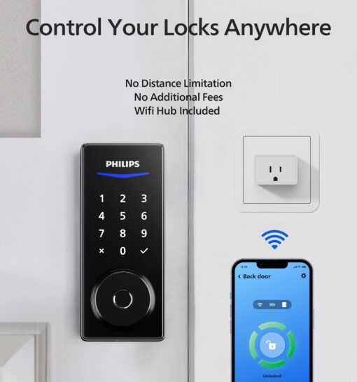 Philips Wi-Fi Smart Door Lock, Keyless Entry Door Lock with App Control,Fingerprint ID,Auto Lock,Keypad Deadbolt with Wi-Fi Bridge Adaptor,Smart Locks for Front Door-Matte Black - Image 7