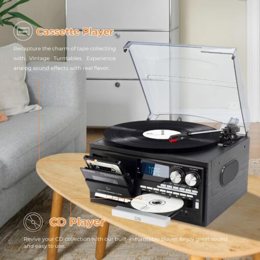9-in-1 Vintage Turntable Record Player with Bluetooth, Built-in Speakers, AM/FM Radio, CD & Cassette Playback, USB/SD/MMC Support, Remote Control, Aux Input, RCA Output Black - Image 2