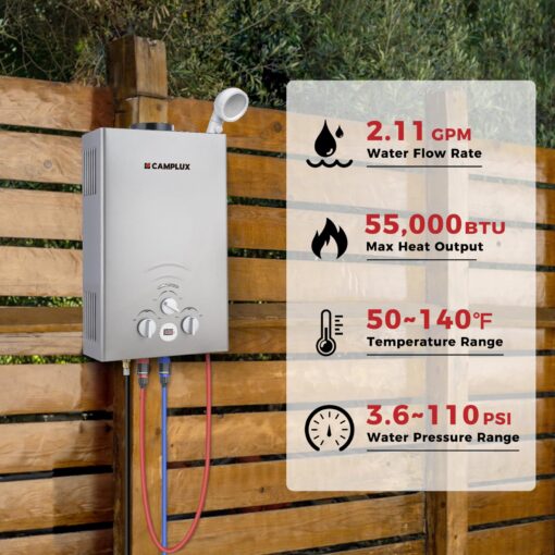 CAMPLUX Tankless Water Heater, 2.11GPM Portable Water Heater for Camping, 55,000 BTU Propane Hot Water Heater Outdoor, BW211G, Grey - Image 6