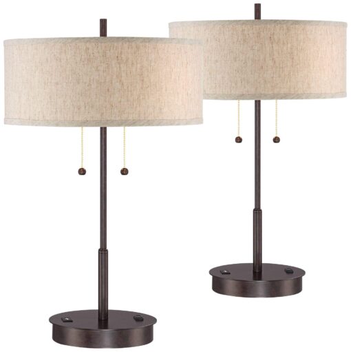 360 Lighting Nikola Modern Accent Table Lamps 23.5" High Set of 2 with Hotel Style USB and AC Power Outlet in Base Bronze Slim Fabric Drum Shade for Living Room Desk Bedroom House Bedside - Image 9