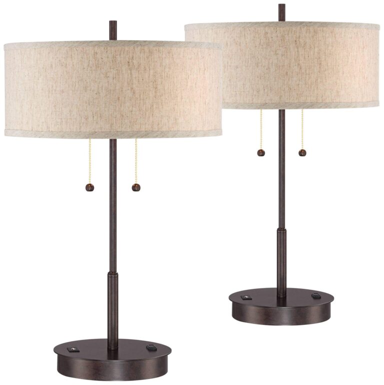 360 Lighting Nikola Modern Accent Table Lamps 23.5" High Set of 2 with Hotel Style USB and AC Power Outlet in Base Bronze Slim Fabric Drum Shade for Living Room Desk Bedroom House Bedside - Image 9