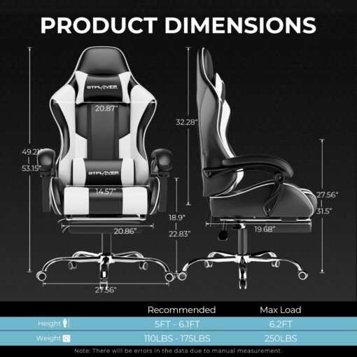 GTPLAYER Gaming Chair, Computer Chair with Footrest and Lumbar Support, Height Adjustable Game Chair with 360°-Swivel Seat and Headrest and for Office or Gaming (White) - Image 7