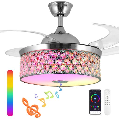 Retractable Crystal Ceiling Fan With Light and Remote/APP Control, Bluetooth Speaker, RGB LED Light, 6 Speeds Reversible Blades, Chandelier for Bedroom Living Room