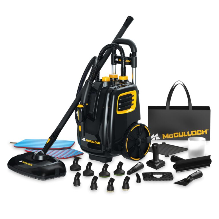 McCulloch MC1385 Deluxe Canister Steam Cleaner, 2-Hour Runtime, Chemical-Free, 23 Accessories: Mop Head, Brushes & More - Built for Home, Tile, Carpet, Furniture, Car Detailing & Commercial Cleaning