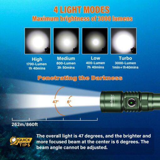 ORCATORCH D710 Scuba Diving Light, 3000 Lumens Super Bright Underwater Flashlight with 6 Degrees Narrow Beam, IP68 Waterproof Night Dive Torch 150 Meters Submersible Light (Green) - Image 6