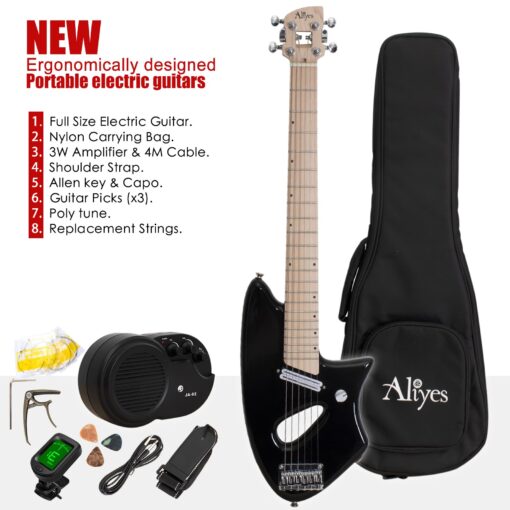 Aliyes Ultra Light Electric Guitar for Adult,Full 24 3/4" Scale for Travel and Practice,Portable Small Size Guitar Featherlight,Solid Wood Body Gig Bag, All Accessories (Black) - Image 5