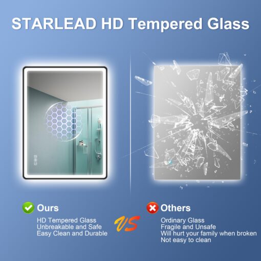 STARLEAD 28"x36" LED-Bathroom-Mirror-with-Lights, Wall-Mounted with Bluetooth, Anti-Fog, 3 Color Temperature Dimmable Brightness, Waterproof, Tempered Glass, Frontlit & Backlit, Black Frameless - Image 3