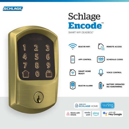 Schlage Encode Smart WiFi Deadbolt Lock for Front Door - Keyless Entry with App or Touchscreen - Works with Alexa, Apple HomeKit, Hey Google, & Airbnb - Create Codes for Guests - Satin Brass Gold - Image 11