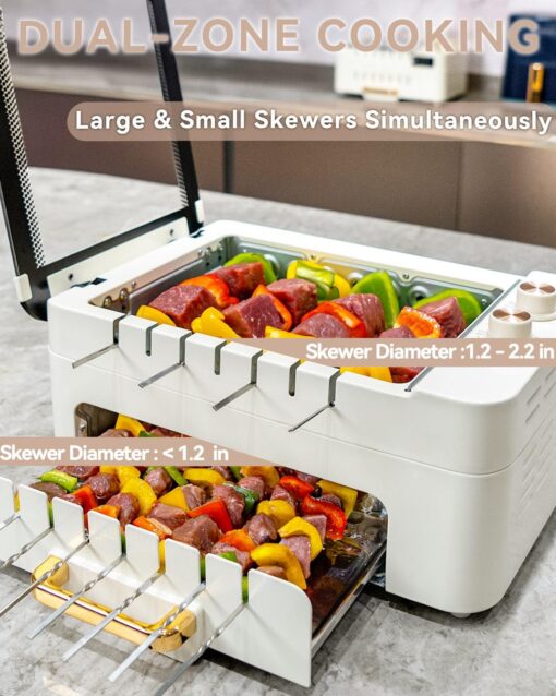 XHJ Indoor BBQ Kabob Skewers Grill,Smokeless Auto 360° Rotating Electric Barbecue Skewers Rotisserie,3 In 1 Indoor Electric Tabletop Grill with Removable Lid,Dual Zone Cooking - Image 5