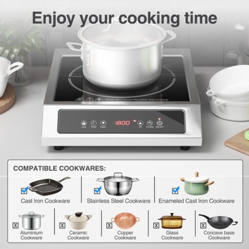 Commercial Induction Cooktop Portable Burner 1800W,ANHANE Induction Hot Plate,Electric for Cooking Countertop Stainless Steel, 9 Temp Levels,3 Hours Timer,Auto-Shut-Off,Touch Panel,Child Safety Lock - Image 4