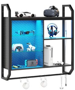 Bestier LED Gaming Floating Shelves, 34" Wall Mounted Shelf Pipe Shelves Hanging Display Rack Bookshelf with 6 S-Hook, Gaming Room Decor Wine Coffee Bar, Black Carbon Fiber