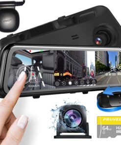 PRUVEEO 2K Mirror Dash Cam 3 Channel,Rear View Mirror Camera,Dash cam Front and Rear Inside,12'' Full Touch Screen, IR Night Vision,GPS,Parking Assistance,Free 64GB Card