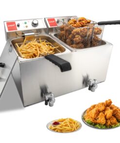 Valgus Dual Tanks Commercial Deep Fryer Electric 1700W 120V 26L Large Capacity Stainless Steel Countertop Kitchen Frying Machine with Basket & Lid, Drain System for Home Kitchen and Restaurant