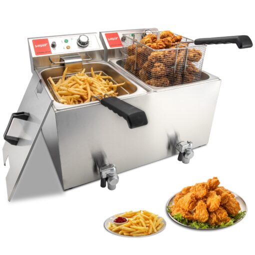 Valgus Dual Tanks Commercial Deep Fryer Electric 1700W 120V 26L Large Capacity Stainless Steel Countertop Kitchen Frying Machine with Basket & Lid, Drain System for Home Kitchen and Restaurant