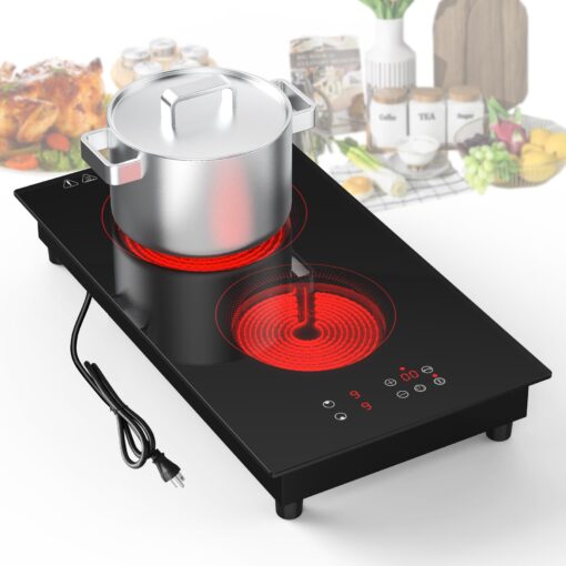 VBGK Electric Cooktop,3000W 12 inch Electric Stove Top,Built-in and Countertop 2 Burner Electric Cooktop 220V with Plug,9 Power Levels, Kids Lock & Timer,LED Touch Control,Overheat Protection Stovetop