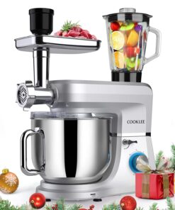 COOKLEE 6-IN-1 Stand Mixer, 8.5 Qt. Multifunctional Electric Kitchen Mixer with Beater, Whisk, Dough Hook, Meat Grinder and Other Accessories for Most Home Cooks, SM-1507BM, Silvery