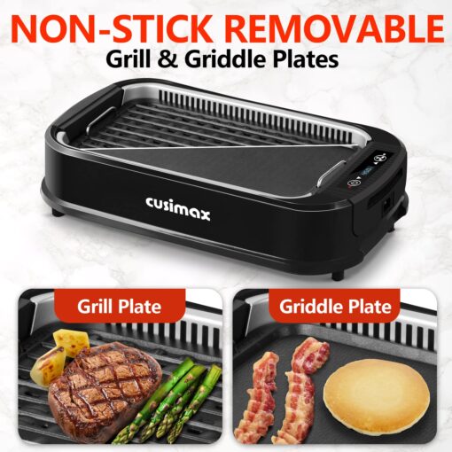 CUSIMAX Indoor Grill, Electric Smokeless Grill, 1500W Korean BBQ Grill, Electric Grill Griddle with LED Smart Display & Tempered Glass Lid, Non-stick Removable Grill Plate & Griddle Plate, Black - Image 6