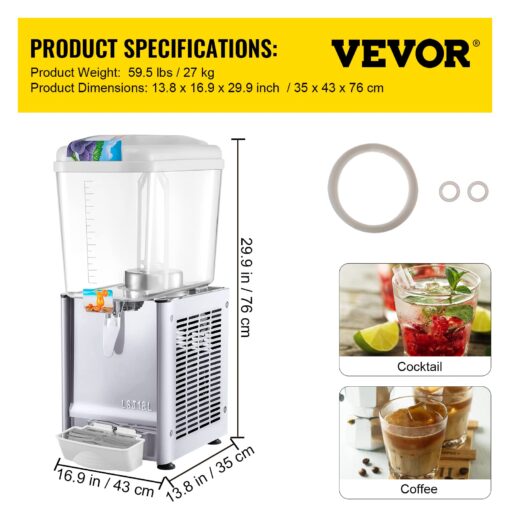 VEVOR 110V Commercial Beverage Dispenser,4.8 Gallon 18L Juice Dispenser Commercial,200W Stainless Steel Food Grade Material Ice Tea Drink Dispenser,Equipped with Thermostat Controller - Image 4