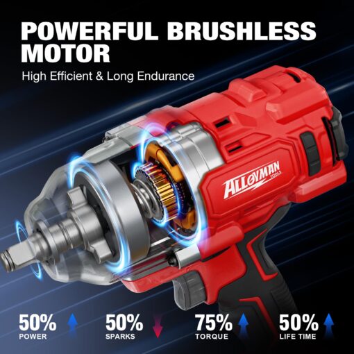 Alloyman Cordless Impact Wrench, 1475Ft-lbs (2000N.m) 1/2 High Torque Brushless Impact Gun, 20V Power Impact Driver, 4000mAh Battery,3 Sockets, Brushless Motor Variable Speeds for Car/Truck RV/Mower - Image 7