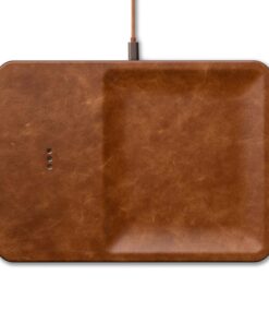 Courant CATCH:3 Classics - Italian Leather Wireless Charging Station and Valet Tray (Saddle) - Compatible with iPhone 16, 15, 14, 13, 12, 11, Galaxy S24, S23, S22, S21, S20, Note, AirPods, AirPods Pro