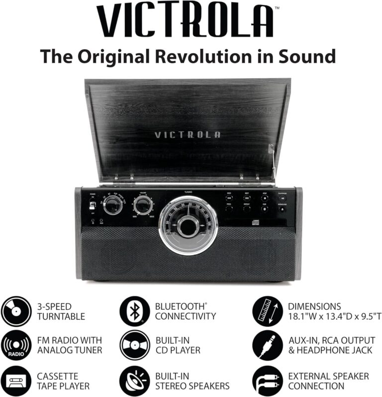 Victrola Empire Mid-Century 6-in-1 Turntable with 3 Speed Record Player, Bluetooth Connectivity, Radio, Cassette and CD Player (Espresso) - Image 4