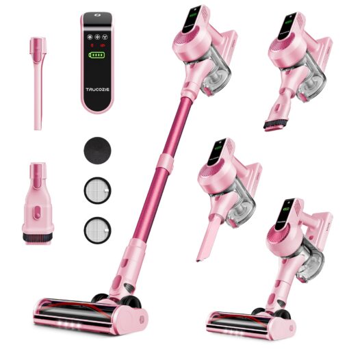 Cordless Vacuum Cleaner, 40Kpa 45Mins Vacuum Cleaners for Home, 8-in-1 Lightweight Stick Vacuum with Powerful Suction, Anti-tangle Wireless Vacuum for Carpet, Tile, Pet Hair, Hardwood Floors, Pink