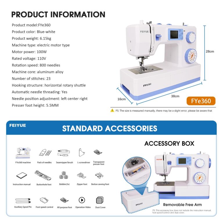 FEIYUE FYe360 Sewing Machine with Adjustable Needle Positions, LCD Display, Automatic Needle Threader, Full Size & Portable, 23 Built-in Stitches - Image 3