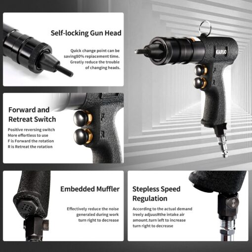 KIARUO Pneumatic Rivet Nut Gun 8-32,10-24,1/4-20 with Replacement Mandrels, RPM 1500 Industrial Grade Pull Rivnut Gun MODEI:LM08 Button Switch - Image 4